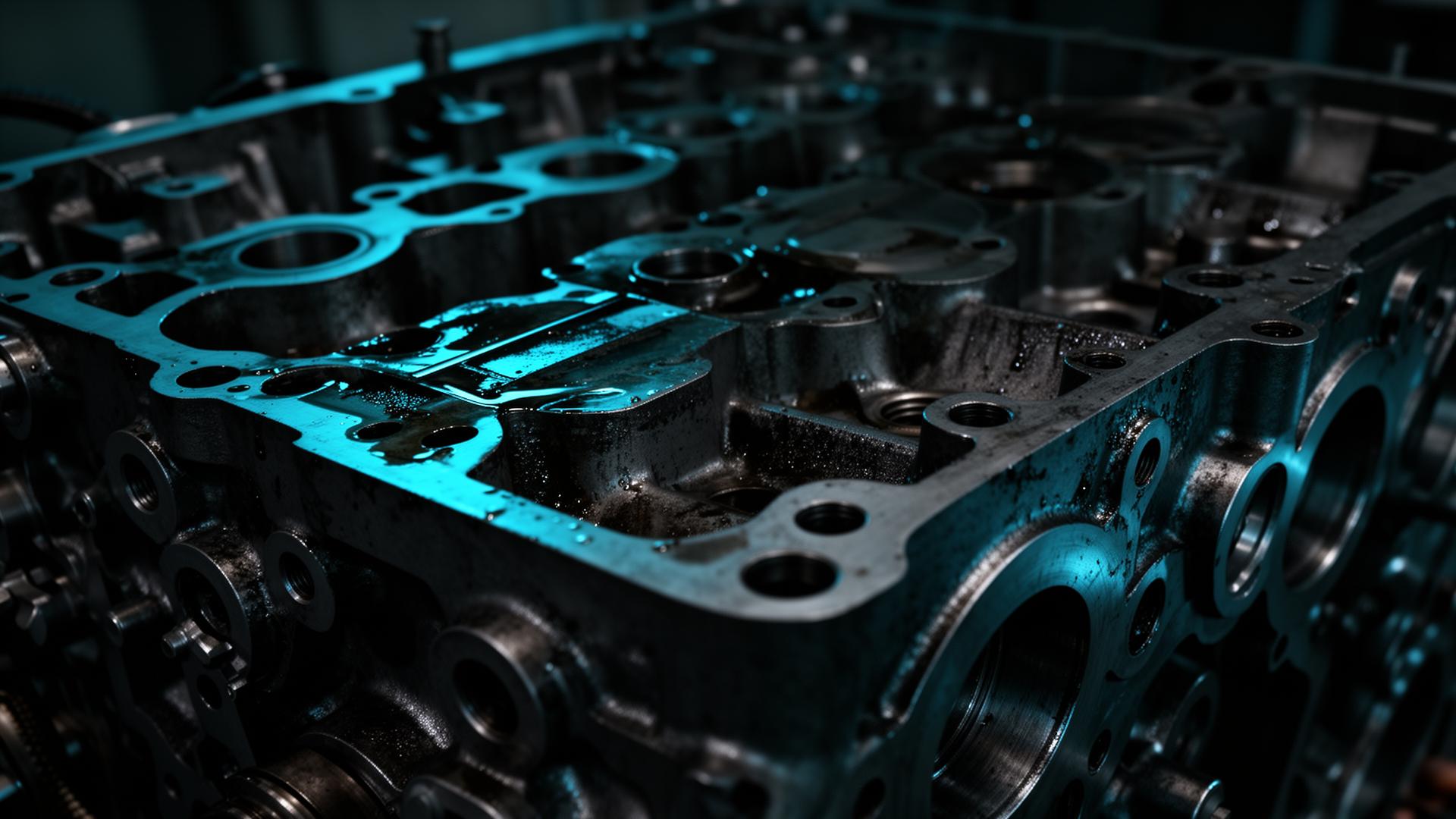 Heavy-duty diesel engine block under shop lighting
